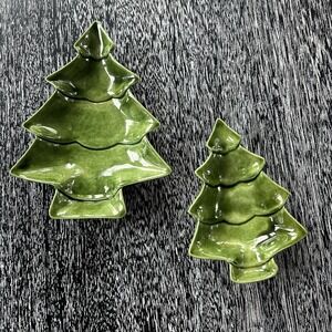 Vintage Stacking Ceramic Green Christmas Tree Dishes Candy Set of‎ 2 Signed